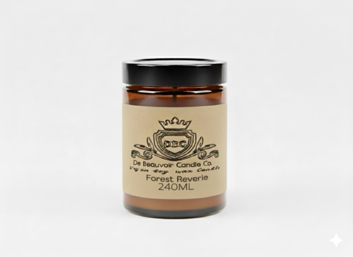 Candle jar with a beige label on a white background