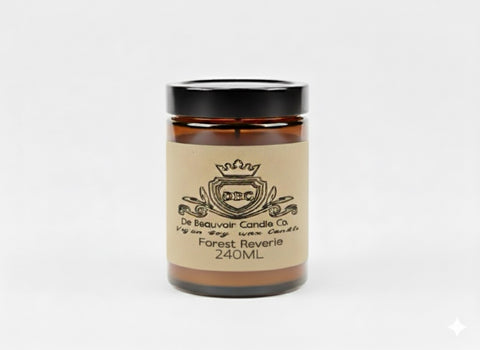 Candle jar with a beige label on a white background