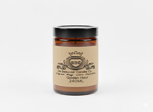 Candle jar with a label on a white background